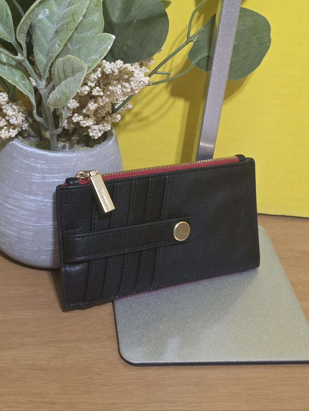 Hammitt Black Leather Zip Card Wallet with Gold Accent